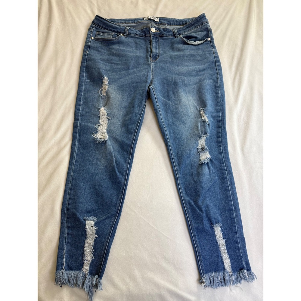 Blue Savvy Distressed Frayed Hem Skinny Jeans Medium Wash Plus Size 22